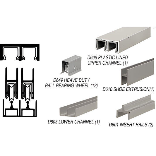 D2300BNBB 12' brushed nickel aluminum sliding door track assembly with ball-bearing wheels, components shown (for 1/4" glass)