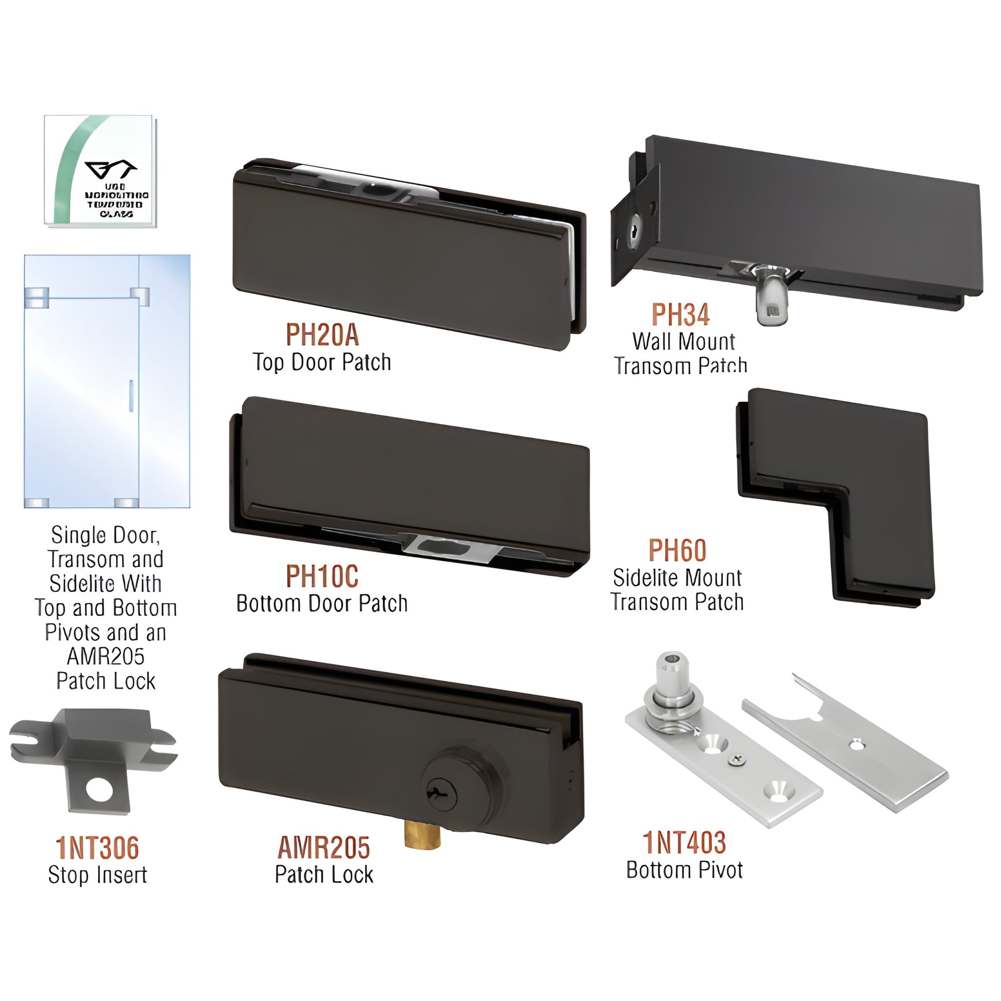 PHA4LMBL matte black pivot hardware kit for tempered glass single door with transom and sidelite
