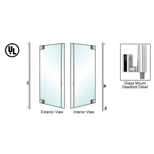 Polished stainless steel vertical deadbolt access handle for 1/2" tempered glass doors, shows exterior and interior views.