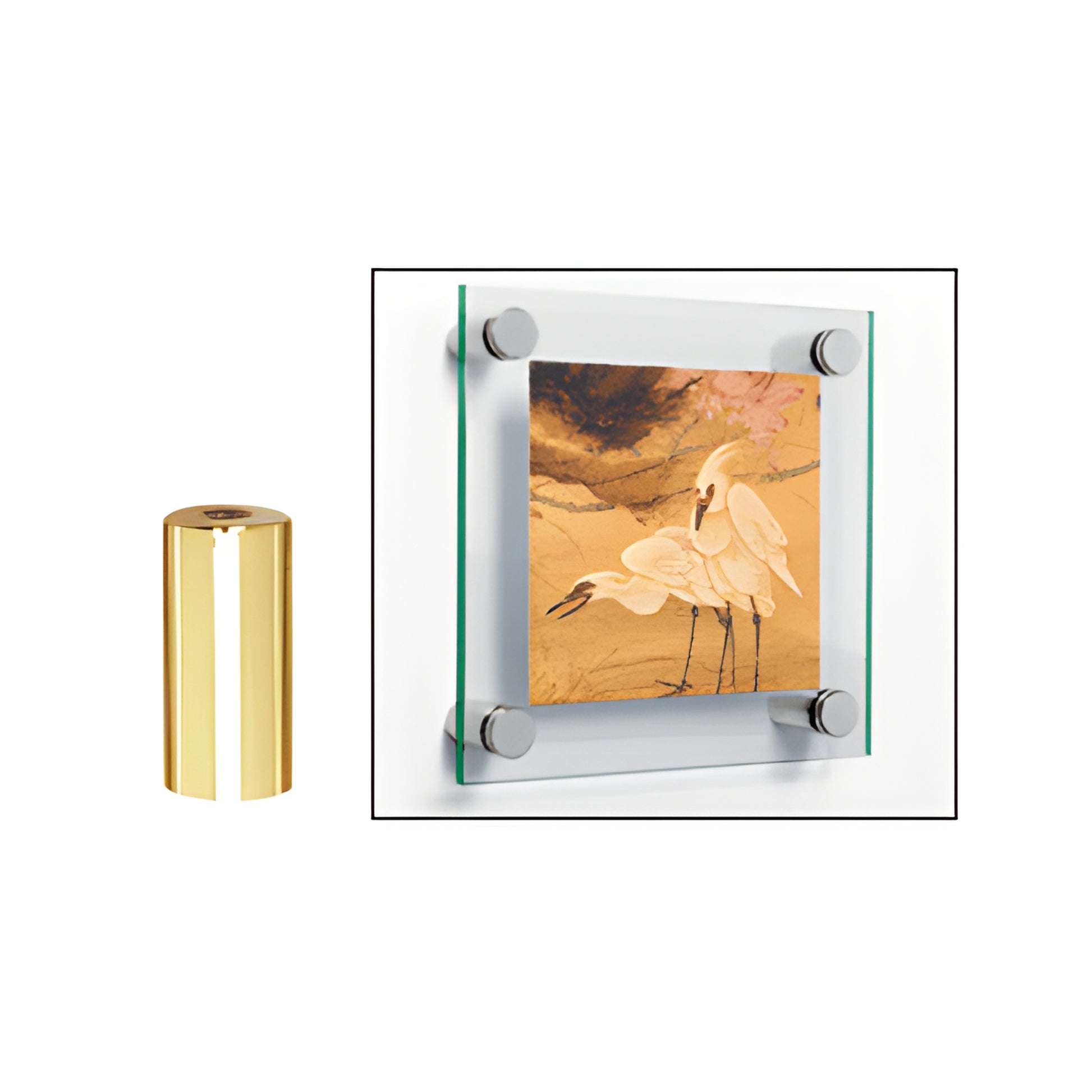 CRL 3/4" polished brass standoff (SKU S0B34112BR) and example glass panel mount with artwork.