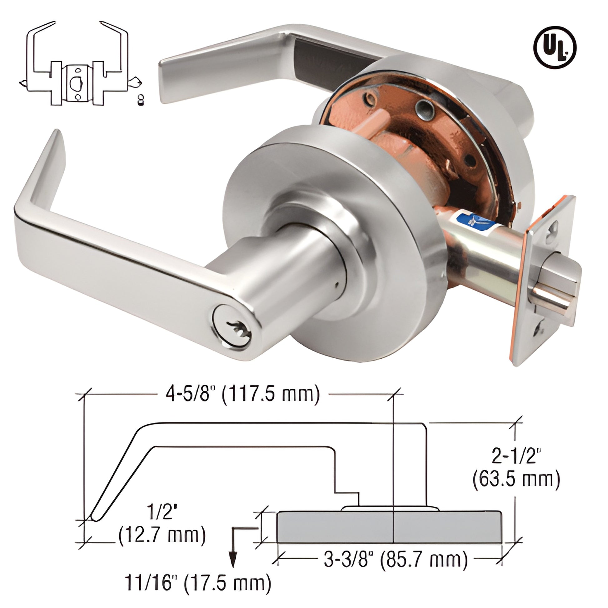 Brushed nickel commercial entrance lever lockset D65ENTBN - non-handed reversible, Schlage 'C' keyway, ANSI Grade 2, UL 3-hr