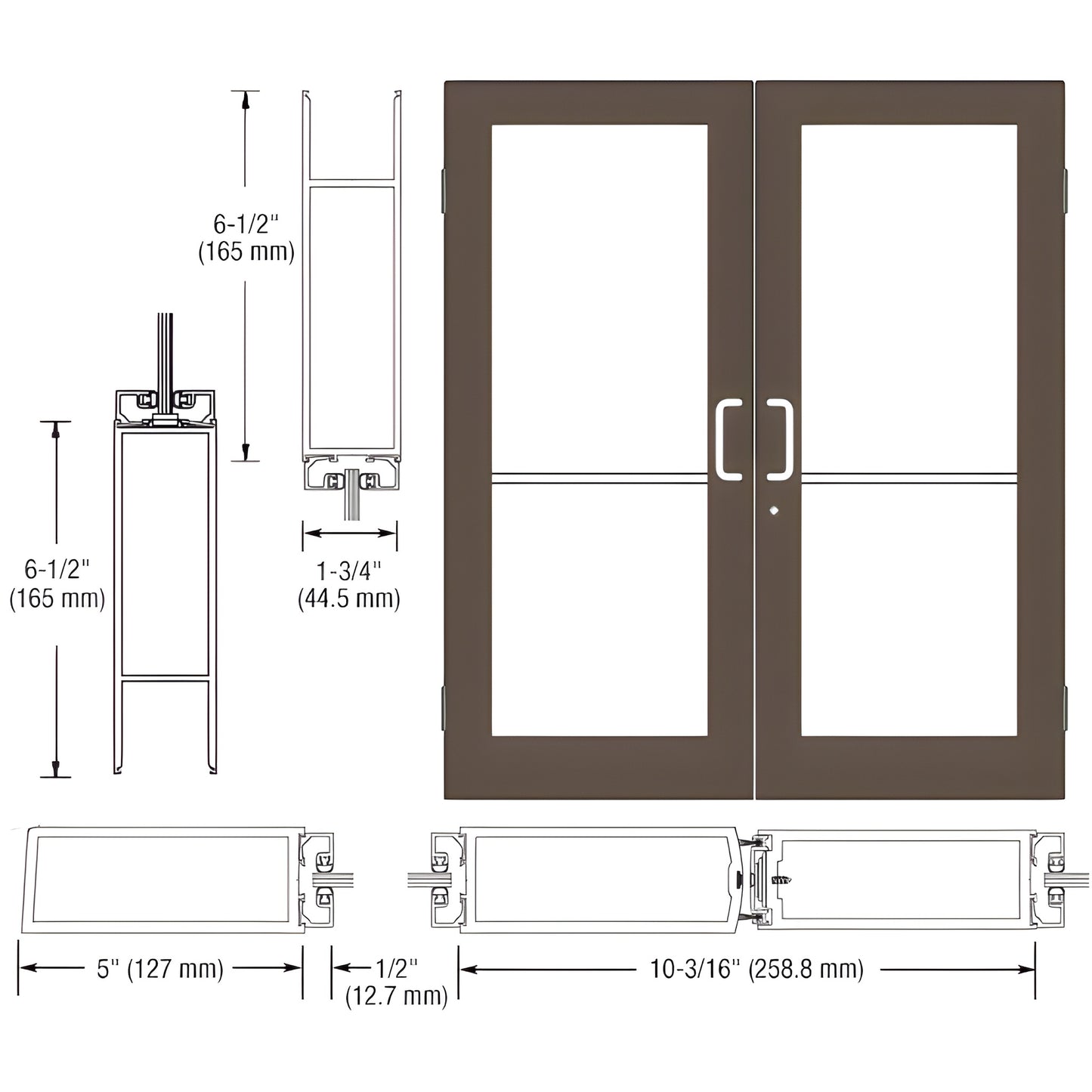 Double commercial wide-stile entrance doors, black bronze anodized, large glass panels, 5-inch stiles, SKU DC52422.