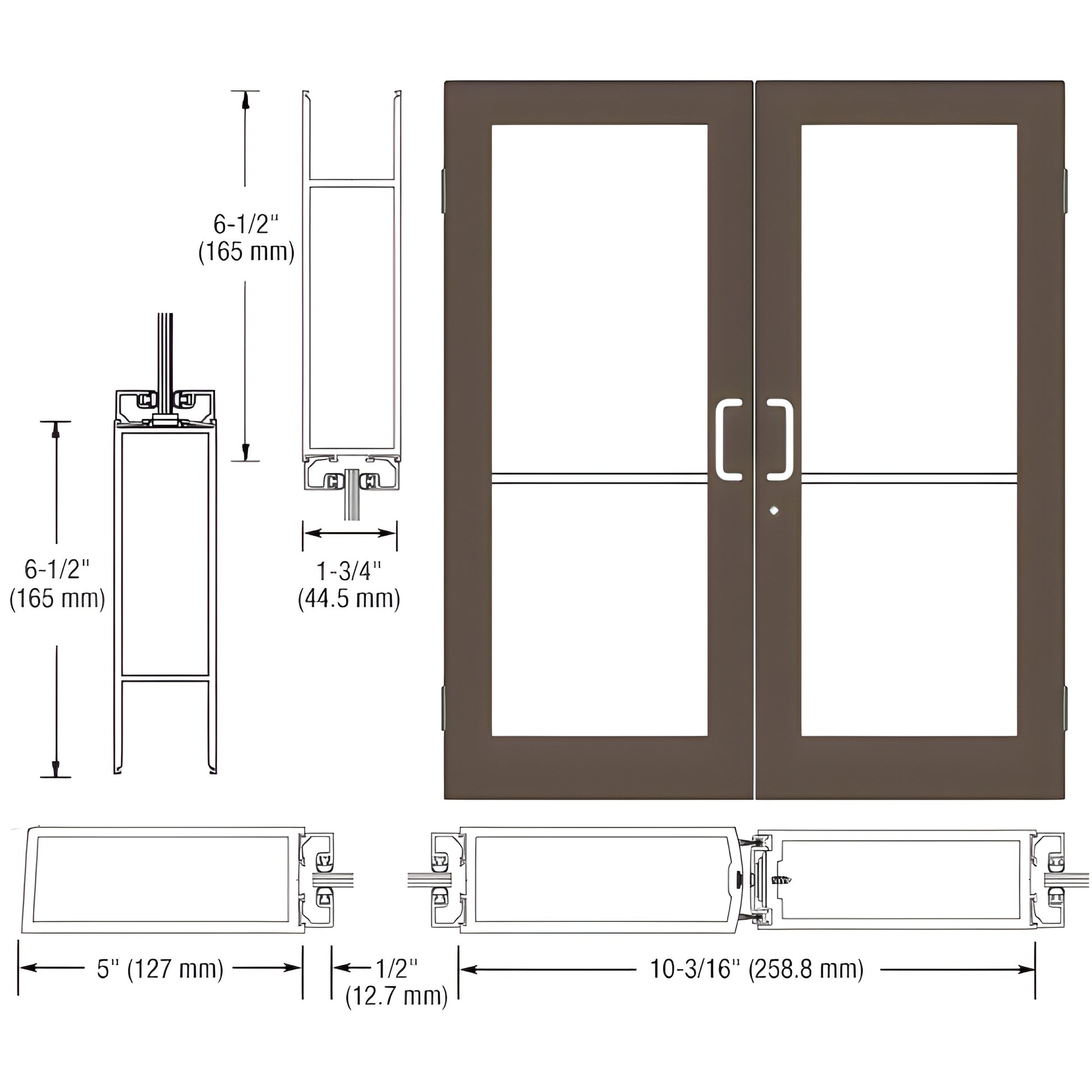 Double commercial wide-stile entrance doors, black bronze anodized, large glass panels, 5-inch stiles, SKU DC52422.