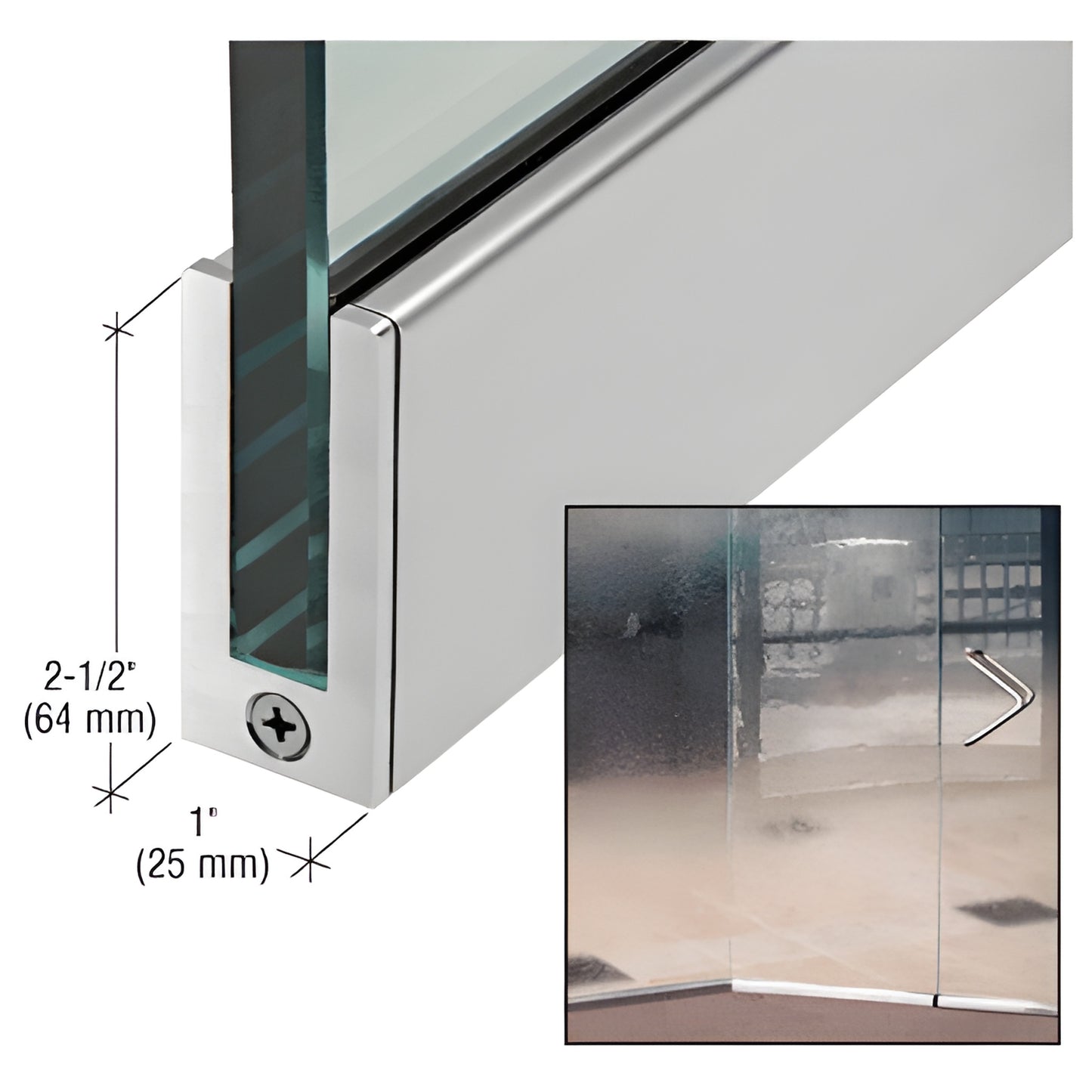 Brushed stainless steel slender profile door rail (SKU SP64BS12C) for 1/2" (12 mm) glass, 2-1/2" high.