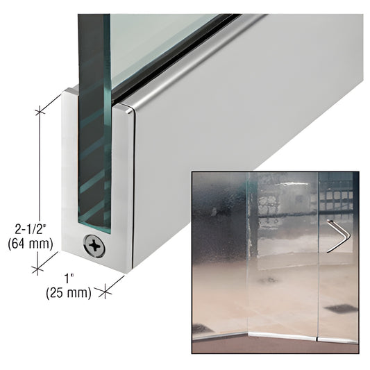 SP64BS12S brushed stainless slender profile door rail, 2-1/2" high x 1" wide, for 1/2" (12mm) tempered glass