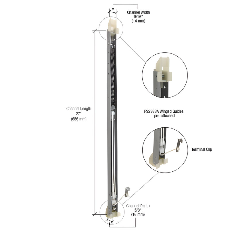 FA2640GW channel sash balance, 27" long, 9/16" wide, 5/8" deep with FS293BA winged guides pre-attached.