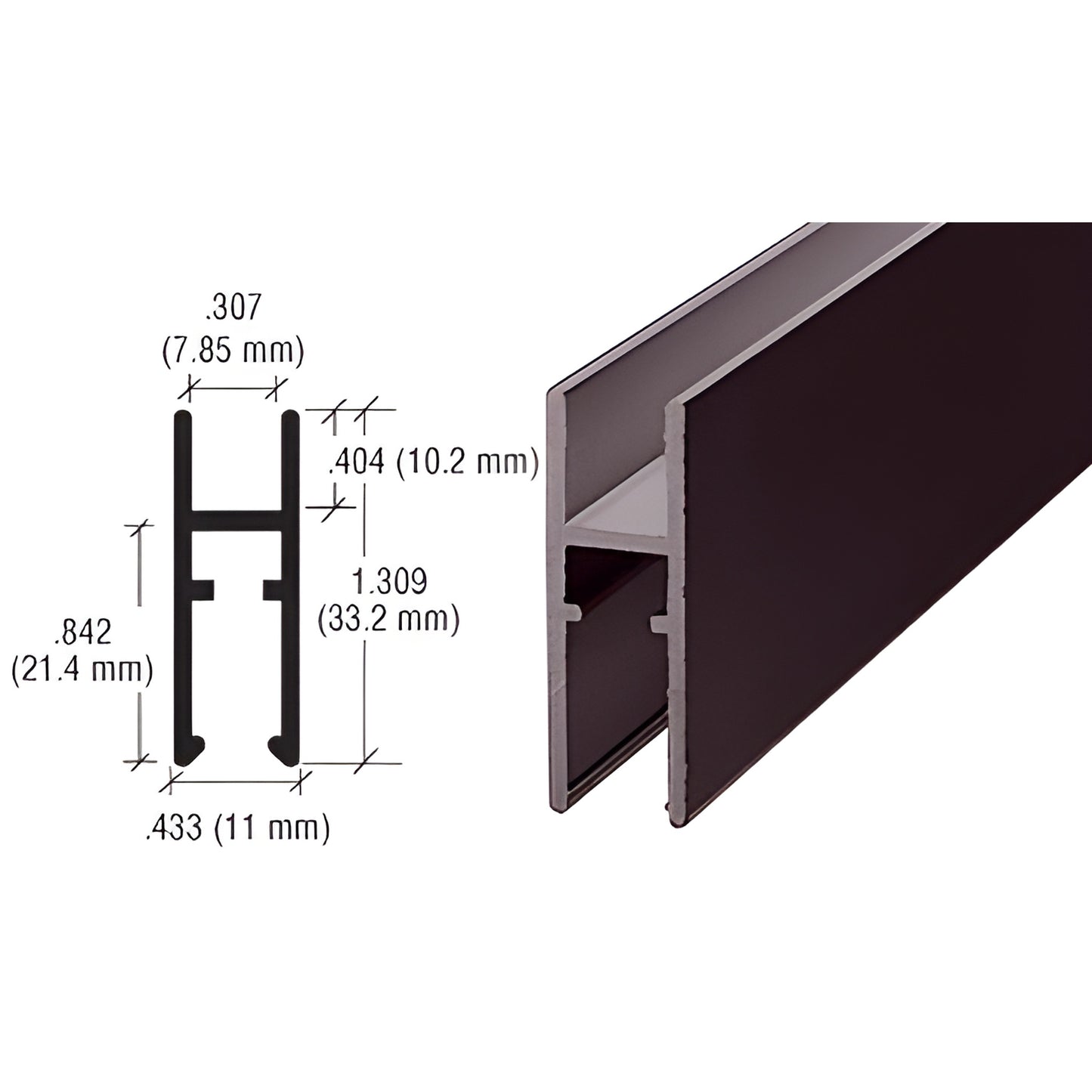 CRL LK610DU dark bronze anodized aluminum H-bar for 3/16-1/4 in (5-6 mm) glass, profile diagram and product photo