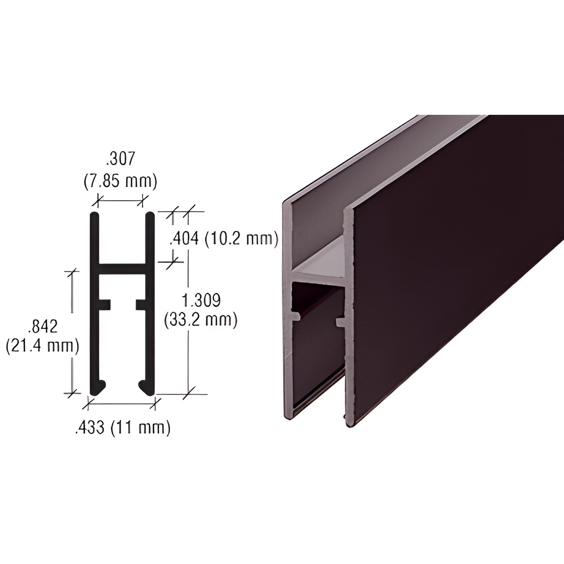 CRL LK610DU dark bronze anodized aluminum H-bar for 3/16-1/4 in (5-6 mm) glass, profile diagram and product photo