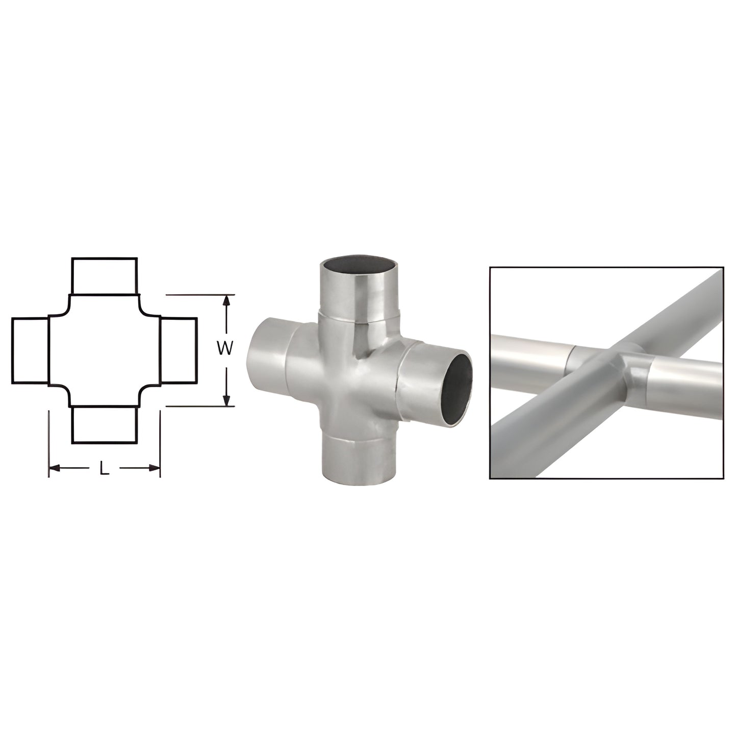 HR20NBS brushed stainless steel 4-way flush cross for HR20 tubing, 2-11/16 in (68 mm), ready to install
