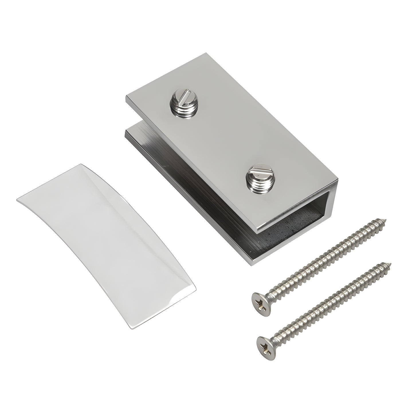NDC12CH polished chrome no-drill brass fixed panel clamp with cover plate, clear gasket and two mounting screws.