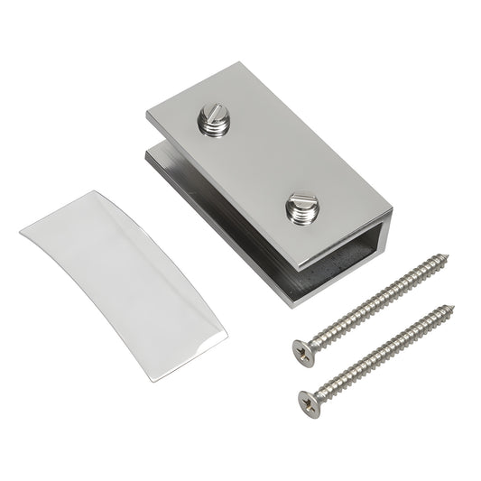 NDC12CH polished chrome no-drill brass fixed panel clamp with cover plate, clear gasket and two mounting screws.