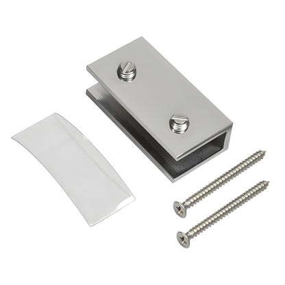 Polished chrome no-drill fixed panel clamp kit (NDC4CH) with brass clamp, clear gasket cover and two mounting screws.