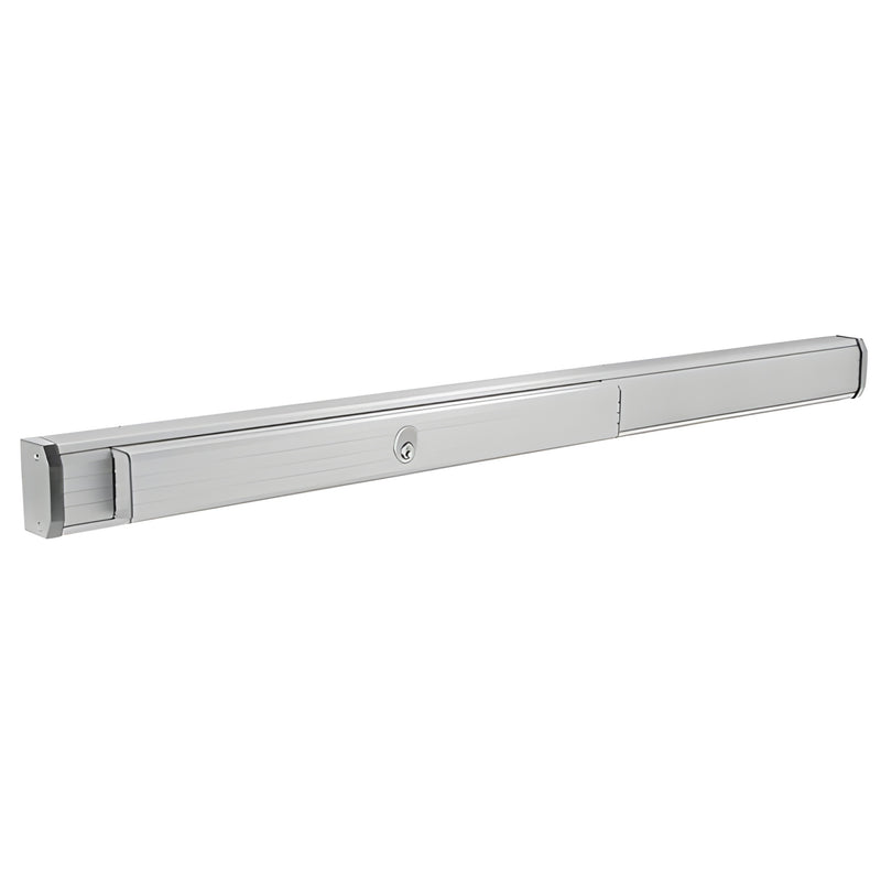 Aluminum 48 in concealed vertical rod panic exit device, slim silver push bar with center cylinder.