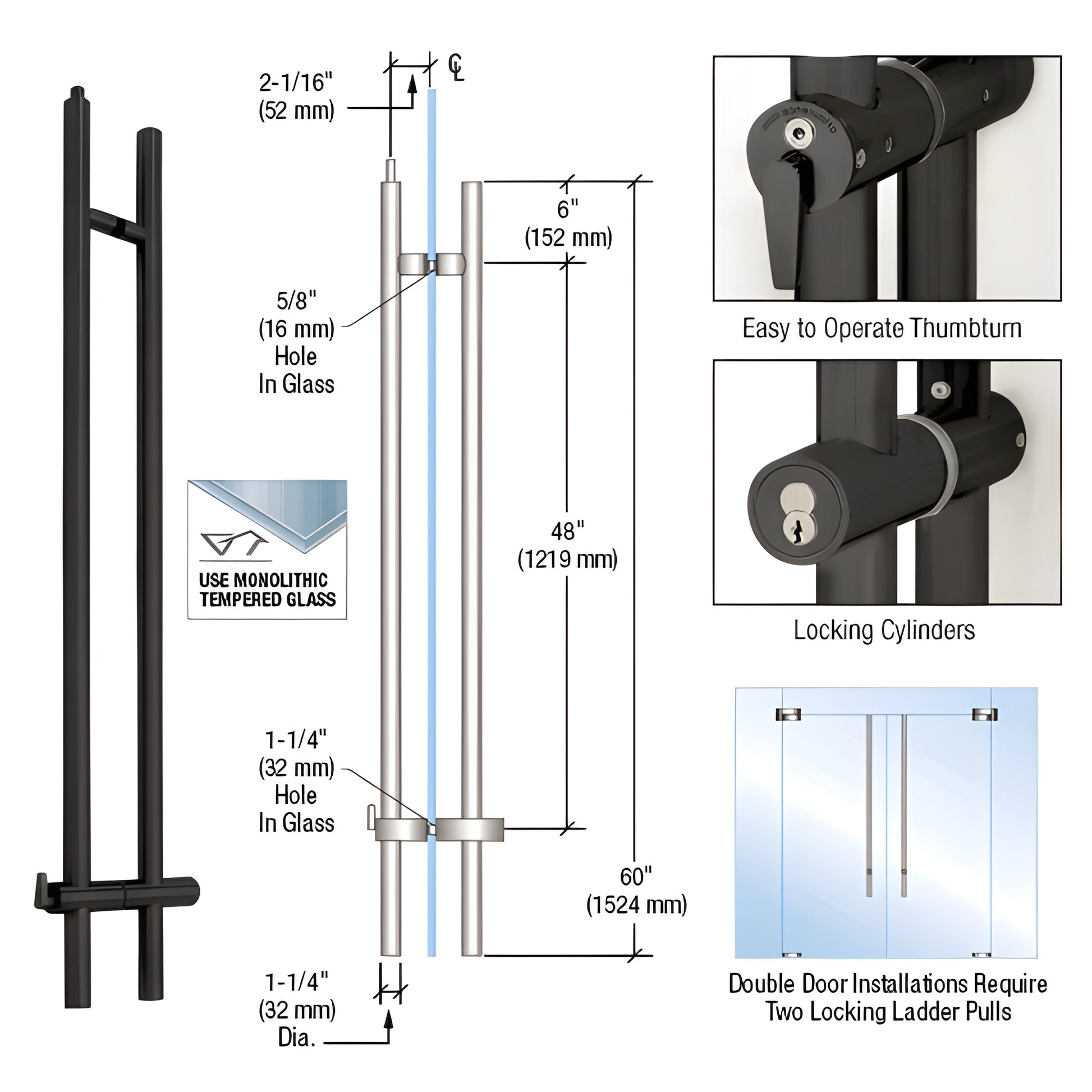 Matte black 60" upward-locking ladder pull for glass doors, 1-1/4" dia, ceiling-lock deadbolt with ADA thumbturn.