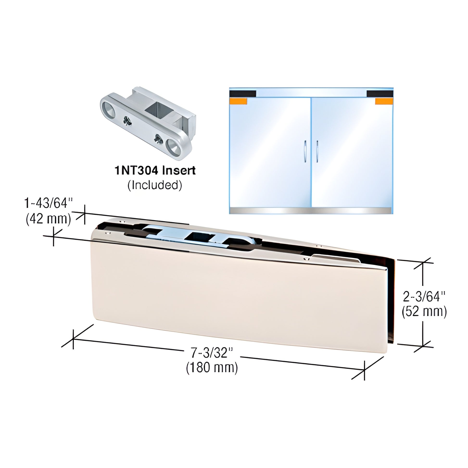 Polished stainless curved top door patch fitting CPF20BPS for 3/8-1/2 tempered glass, includes 1NT304 insert, 7.09 2.05