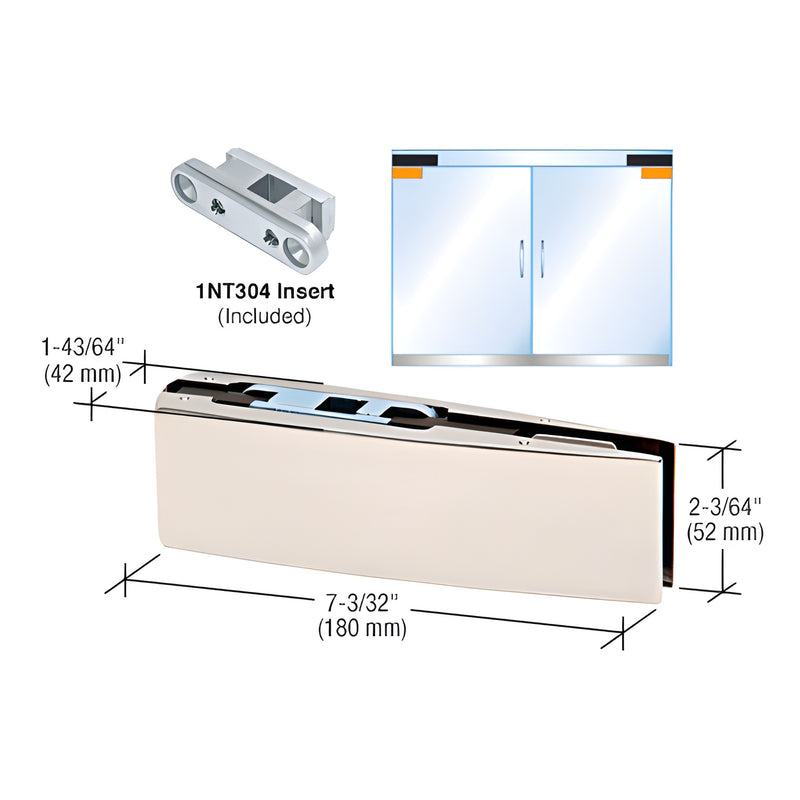 Polished stainless curved top door patch fitting CPF20BPS for 3/8-1/2 tempered glass, includes 1NT304 insert, 7.09 2.05