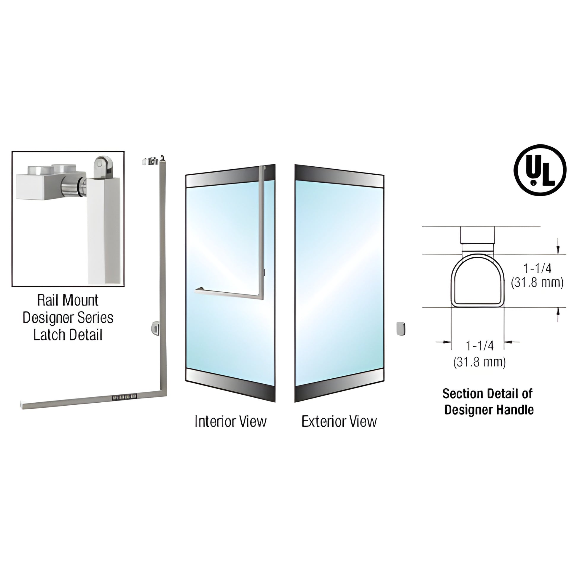 DPA100Z3RKBS stainless steel 1-1/4" D-shape rail-mount panic handle for all-glass doors, brushed finish