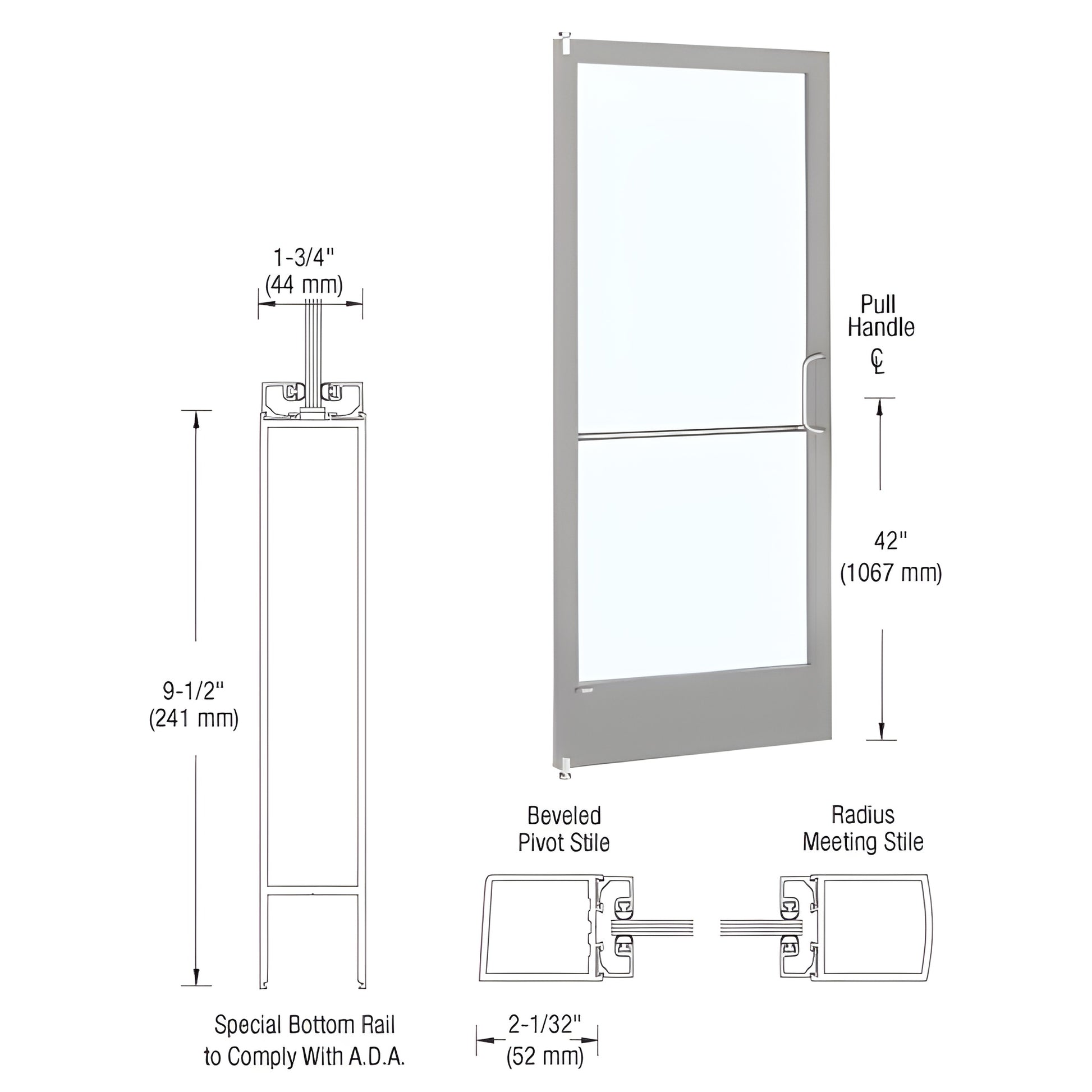 Clear anodized narrow-stile aluminum door with 91 2" ADA bottom rail, 1" glazing, pull handle - SKU 1CD22211R136