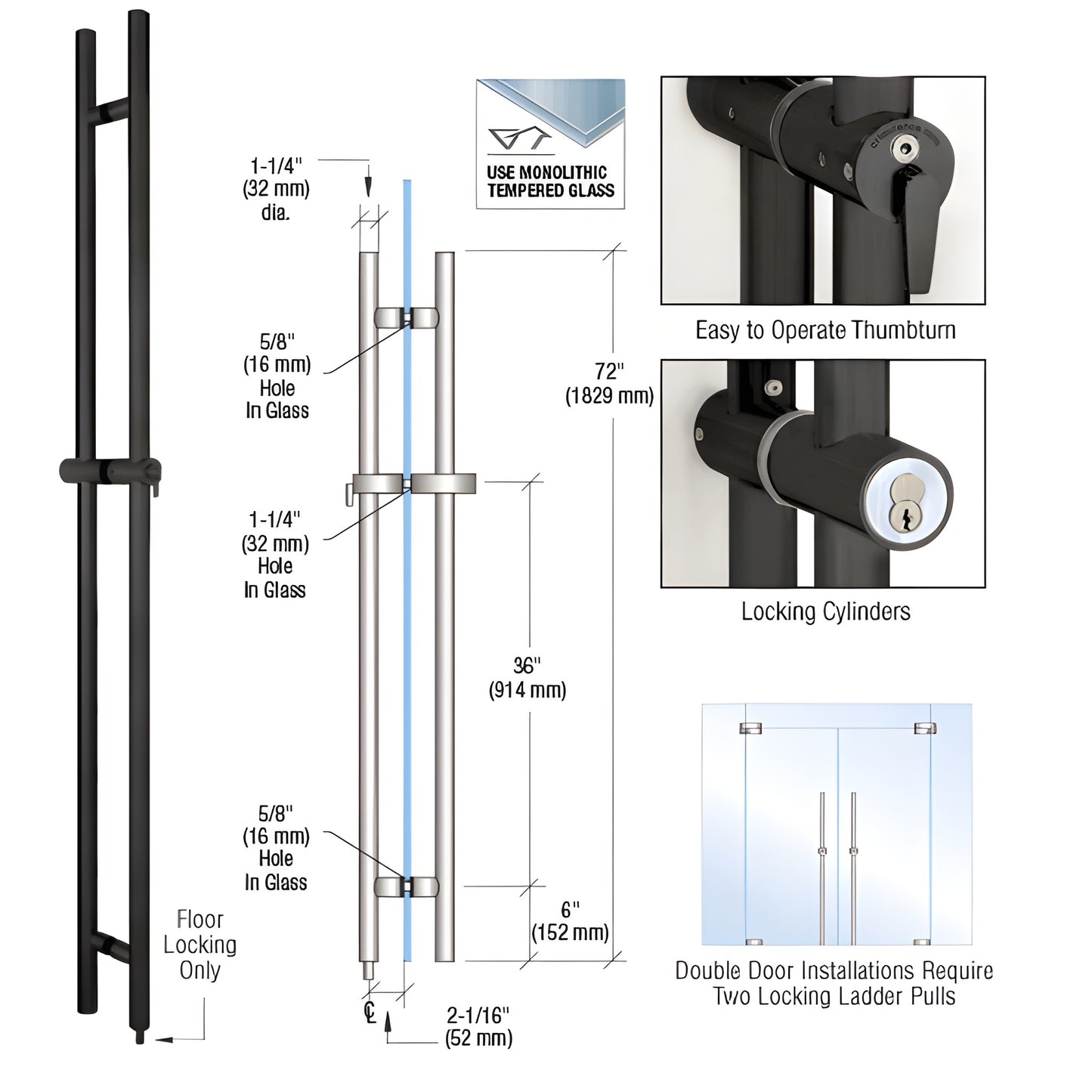 Matte-black 72" locking ladder pull for 1/2-3/4" glass doors, thumbturn & rim cylinder, floor-locking (SKU LLPA72MBL)