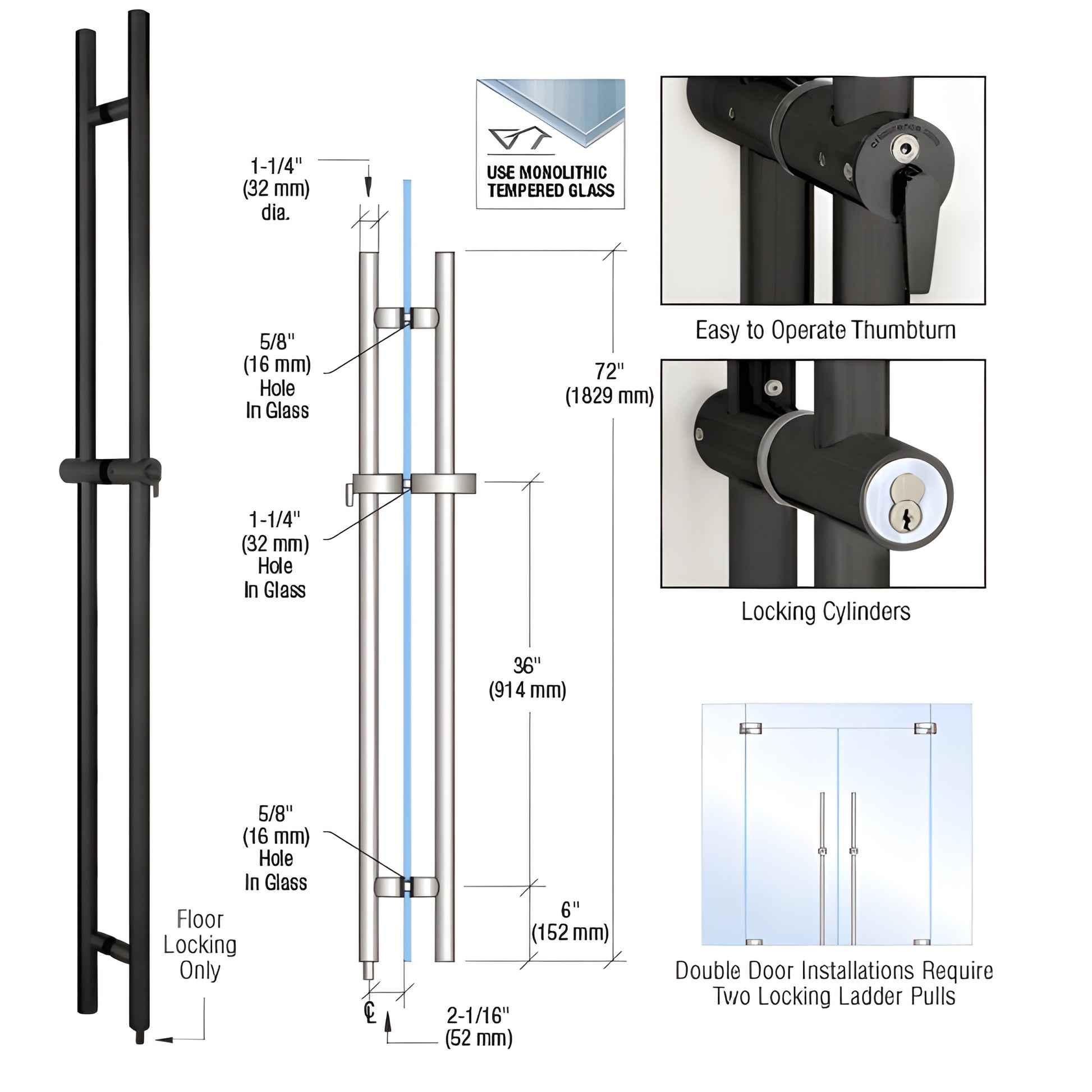 Matte-black 72" locking ladder pull for 1/2-3/4" glass doors, thumbturn & rim cylinder, floor-locking (SKU LLPA72MBL)