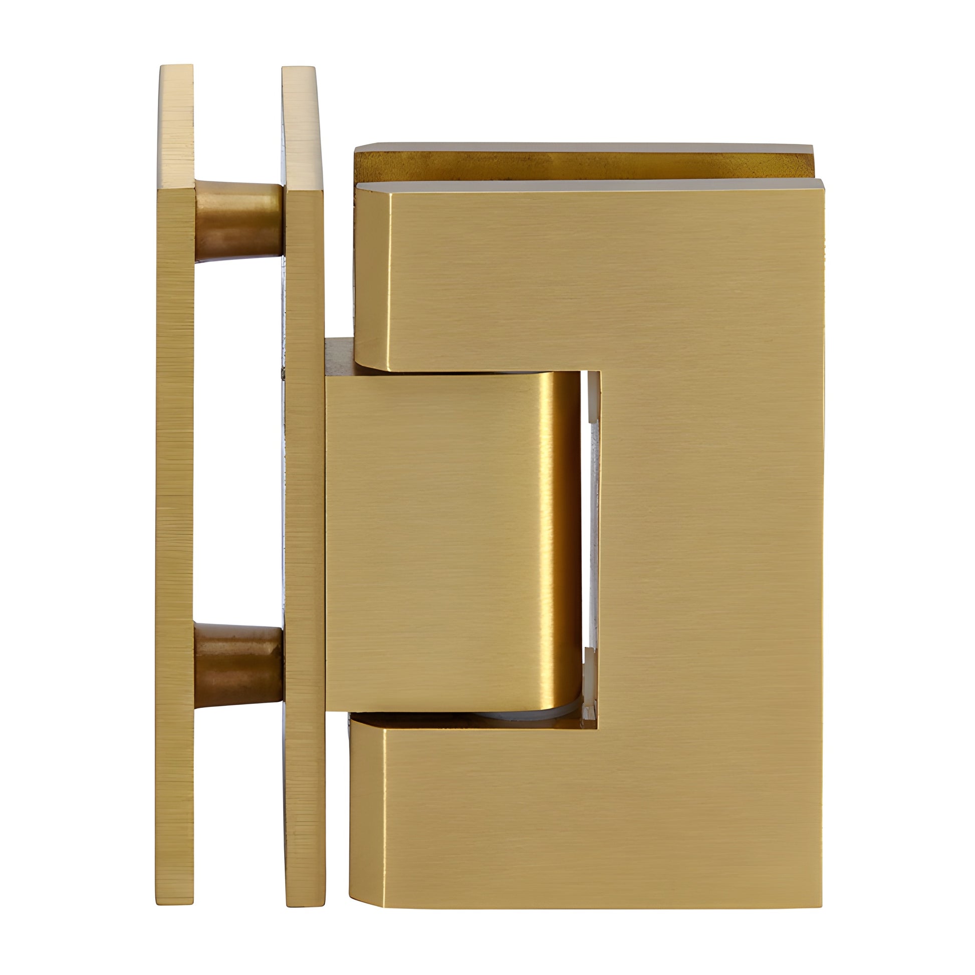 GEN092SB Geneva satin-brass square-profile glass-to-glass shower hinge, solid brass, self-centering, fits 8-12mm glass.
