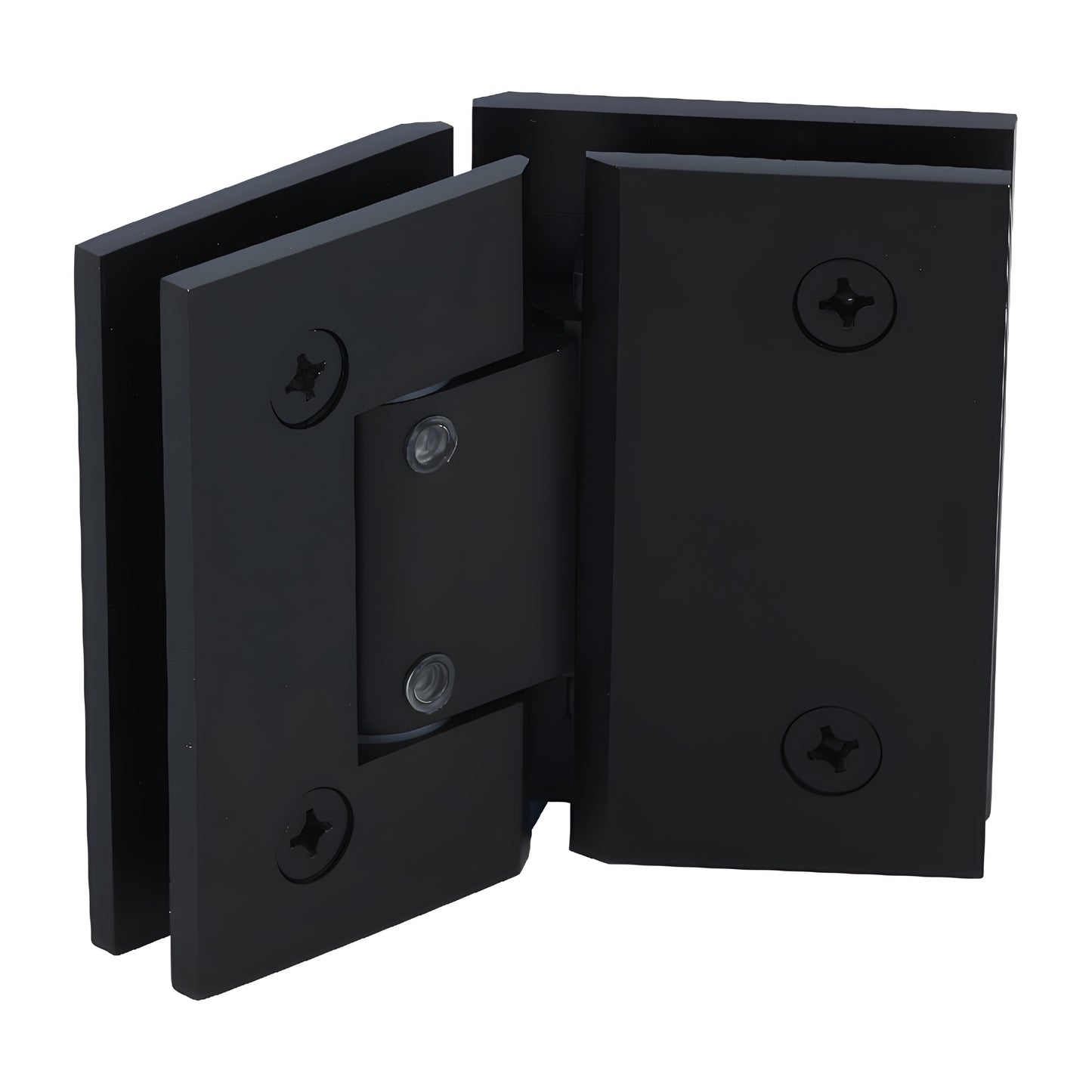 Matte black Geneva adjustable glass-to-glass brass shower hinge, square profile. SKU GEN345MBL