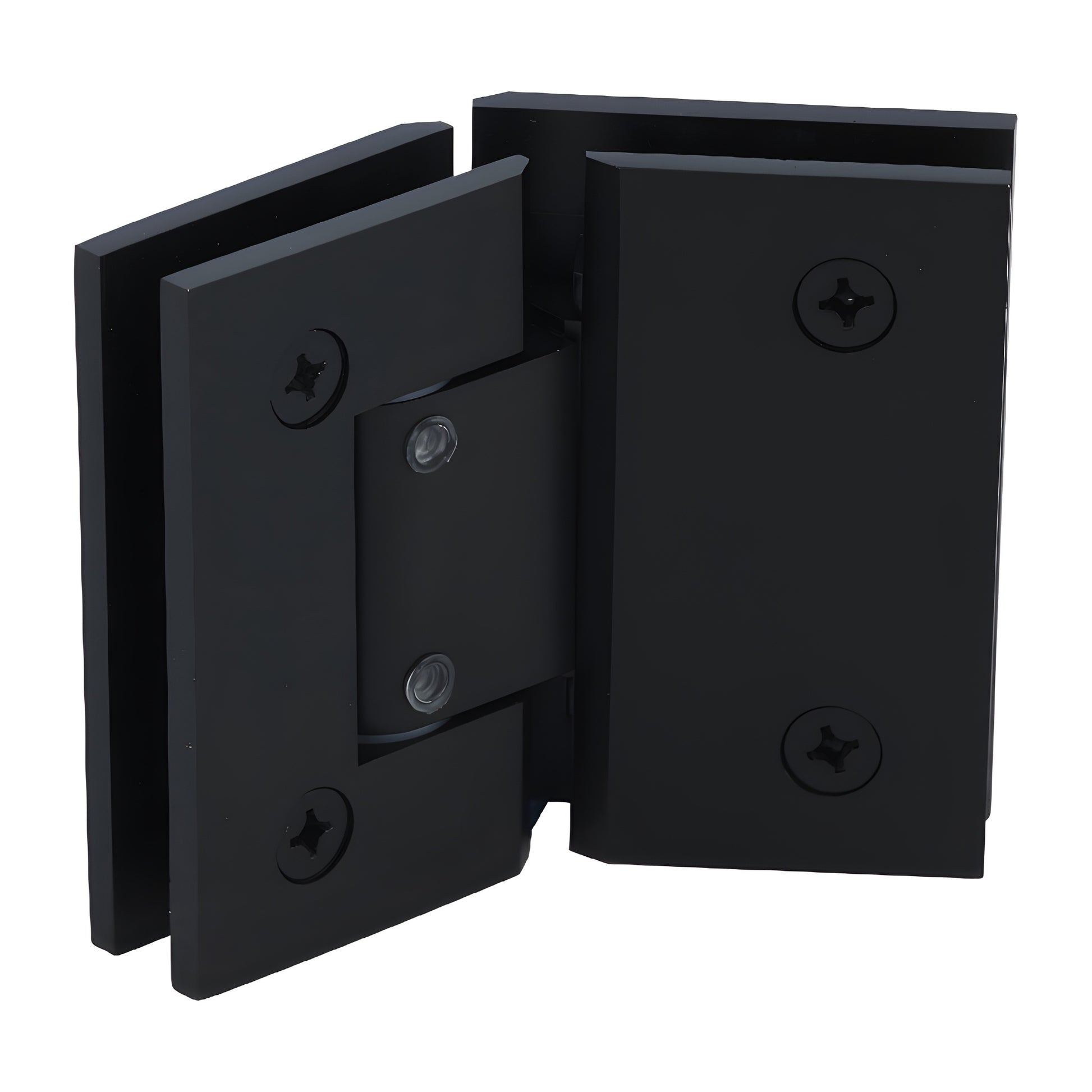 Matte black Geneva adjustable glass-to-glass brass shower hinge, square profile. SKU GEN345MBL