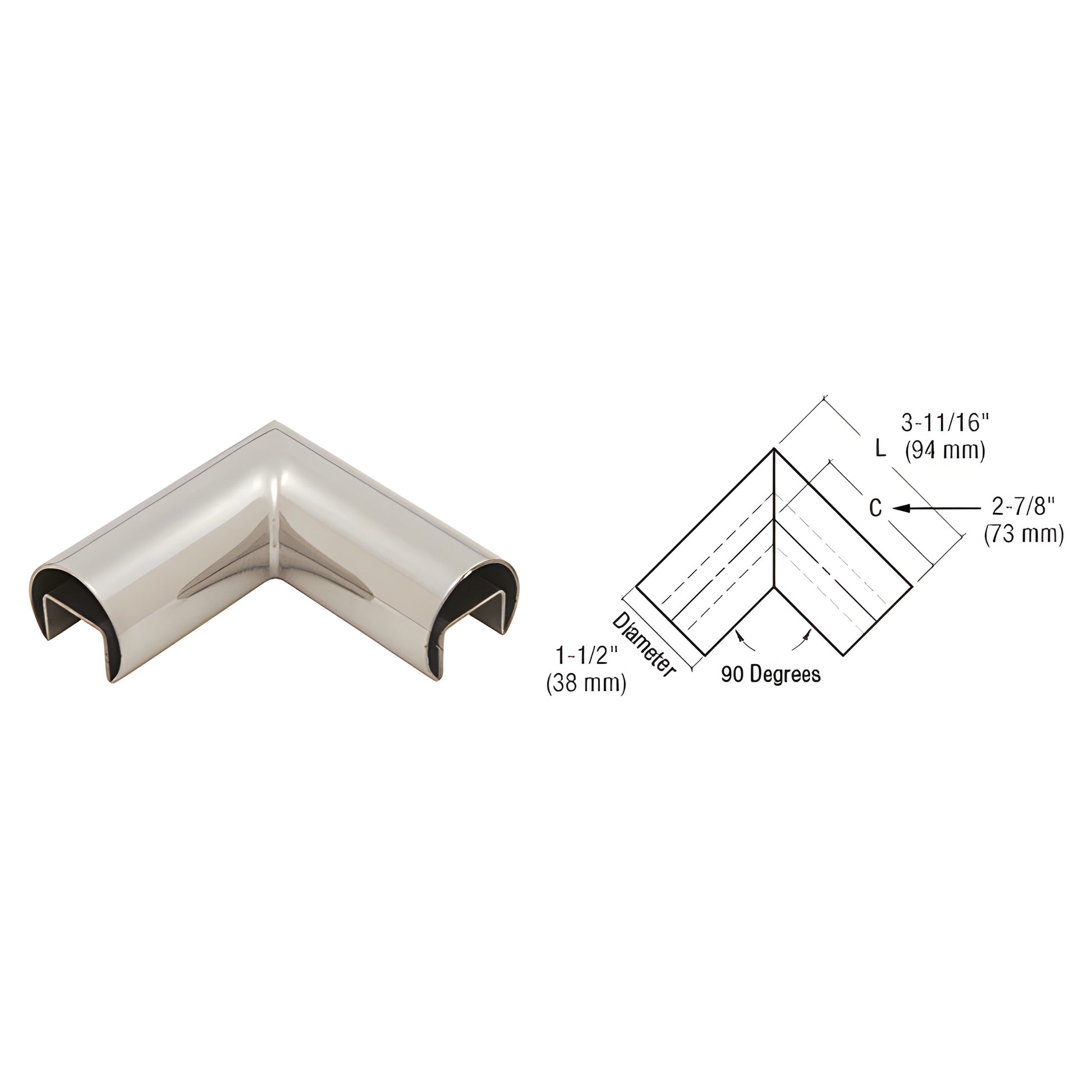 GRRF15HPS polished 316 stainless steel 90 cap rail corner, welded slip-fit architectural cap rail, 1-1/2" diameter