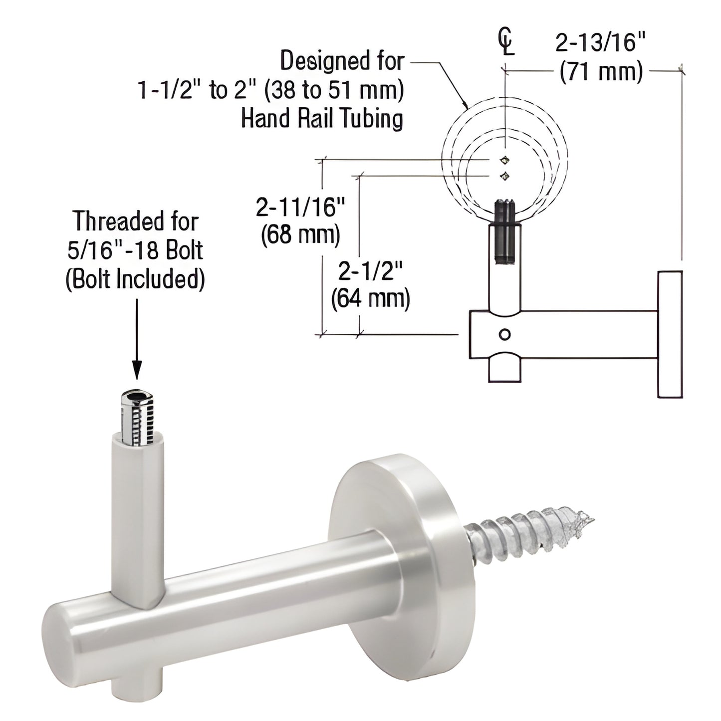 HR2FWMA mill-finish aluminum 2-way wall-mounted handrail bracket with hanger bolt, fits 1-1/2"-2" tubing, 71mm projection