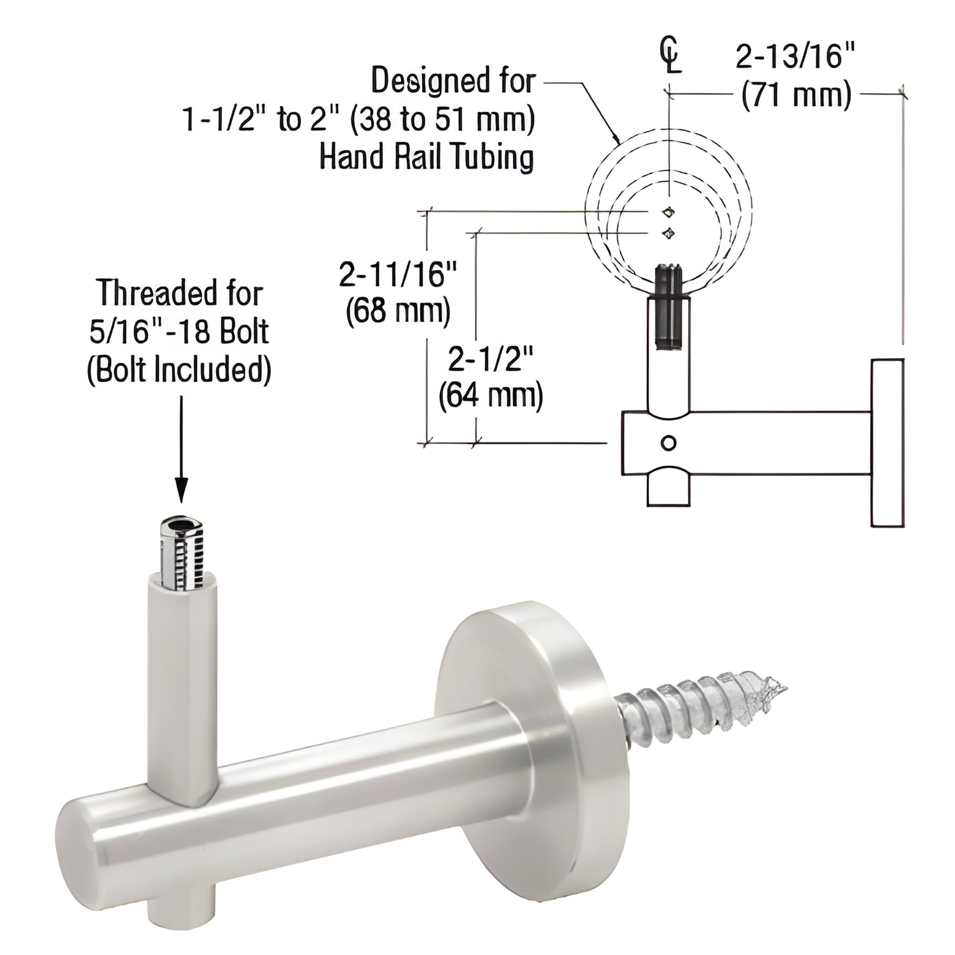HR2FWMA mill-finish aluminum 2-way wall-mounted handrail bracket with hanger bolt, fits 1-1/2"-2" tubing, 71mm projection