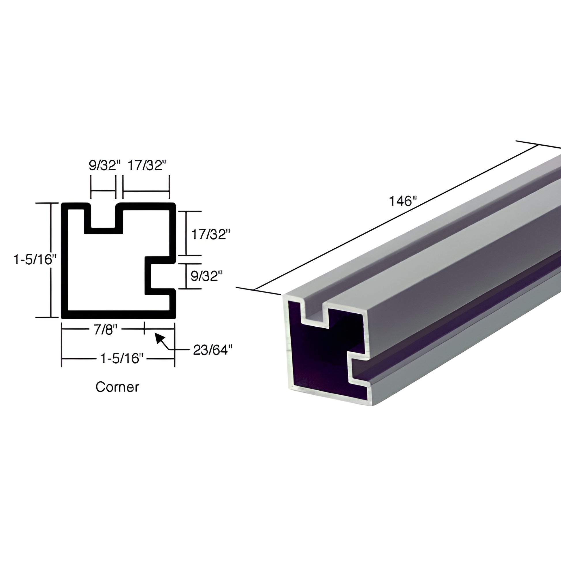 Satin anodized aluminum 90 corner post extrusion, 1-5/16 square, pocket for 5.5-6mm glass, 146 length.