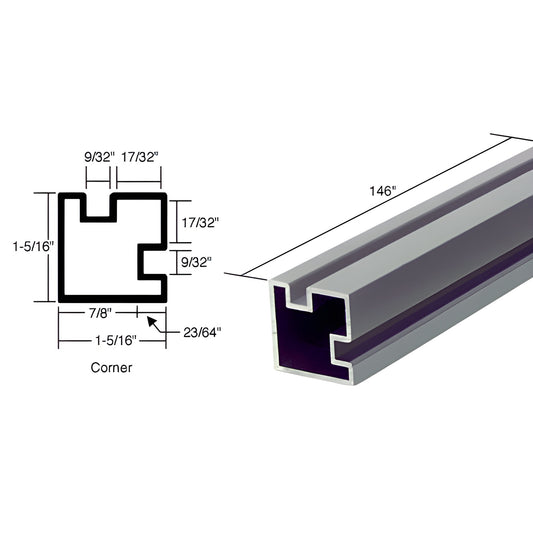 Satin anodized aluminum 90 corner post extrusion, 1-5/16 square, pocket for 5.5-6mm glass, 146 length.