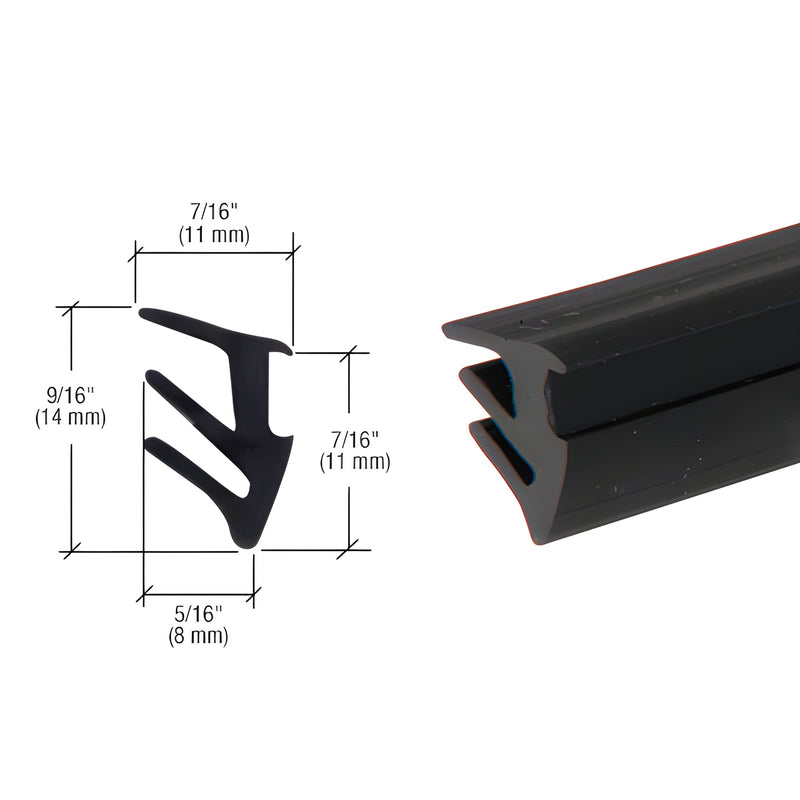 Black roll-in glazing gasket (RG38100) profile and close-up for 3/8" (10 mm) glass, black rubber seal.