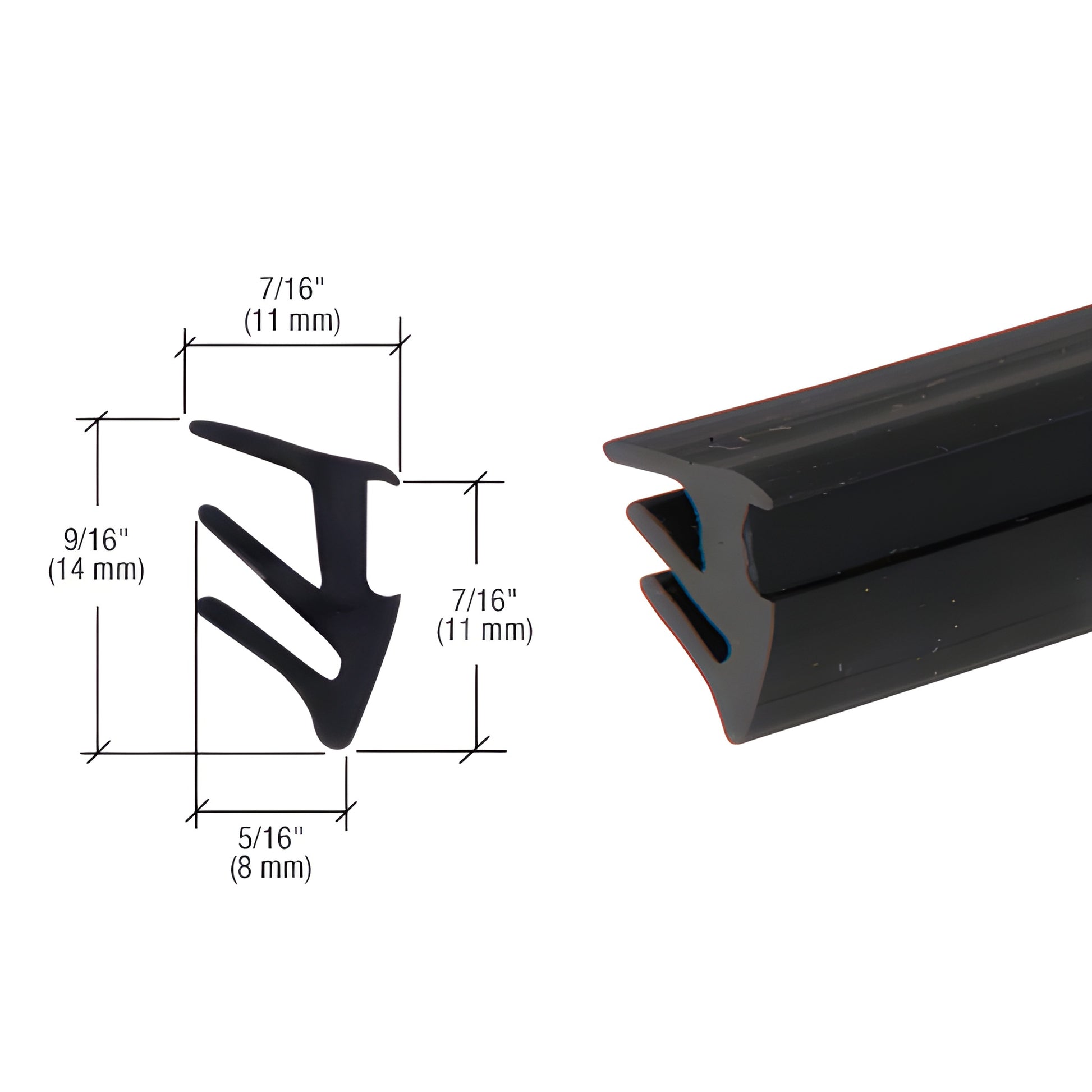 Black roll-in glazing gasket (RG38500) for 3/8" (10mm) glass, profile diagram with dimensions and angled channel close-up.