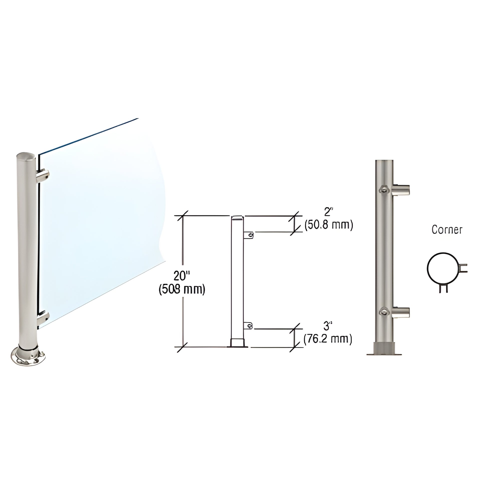 20" Slimline 90 corner round partition post, brushed stainless steel, fits 1/4"-3/8" glass. SKU PP57LBS