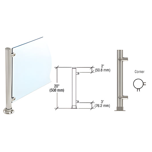 20" Slimline 90 corner round partition post, brushed stainless steel, fits 1/4"-3/8" glass. SKU PP57LBS