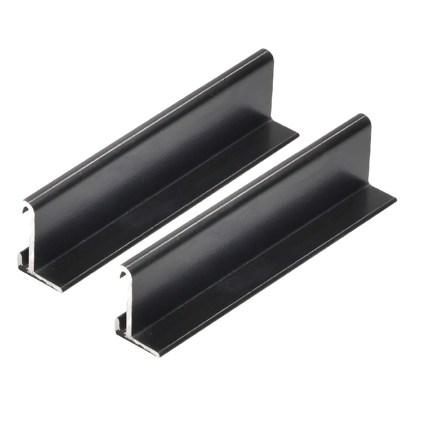 Pair of black aluminum RV mounting tracks with T-slot profile on white background.