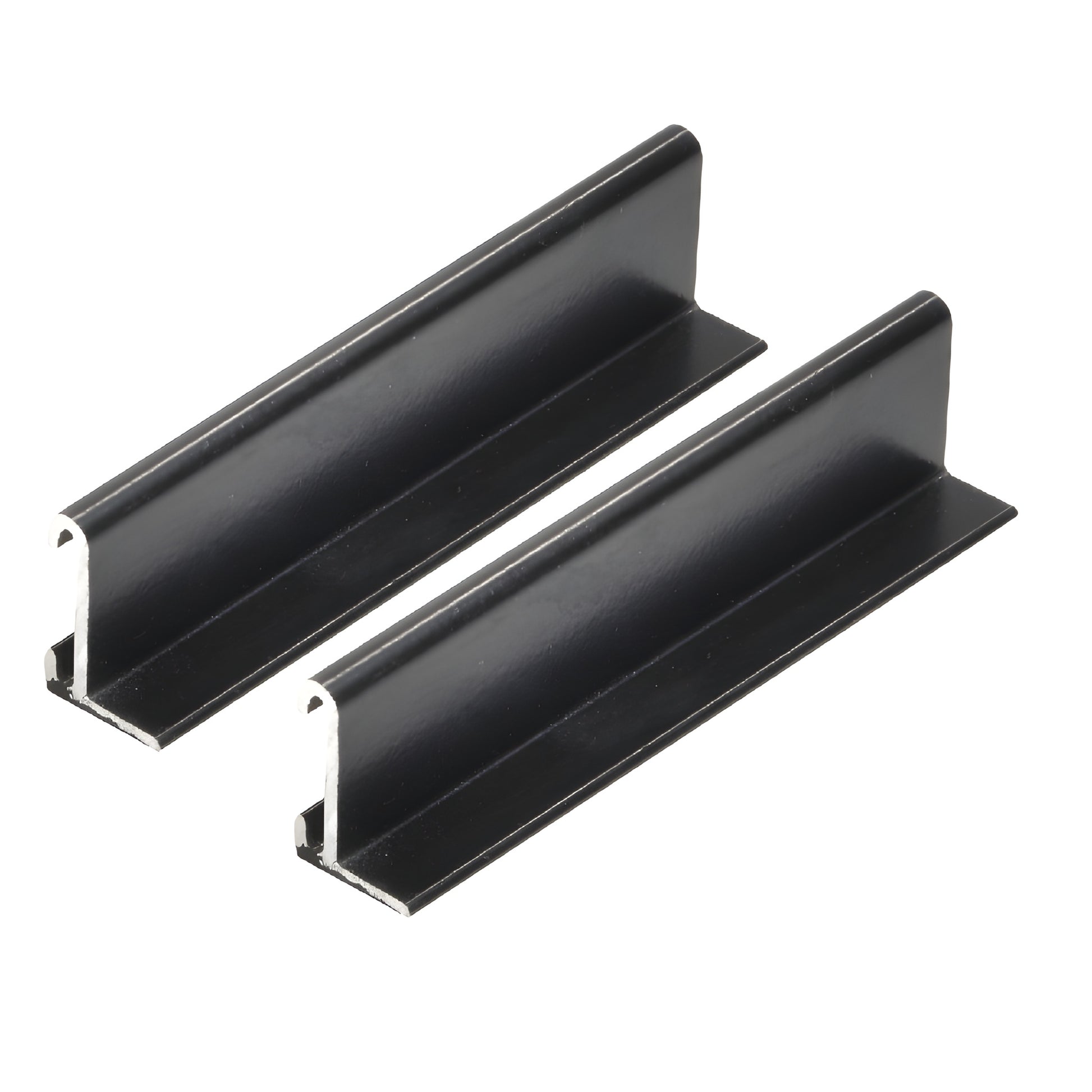 Pair of black aluminum RV mounting tracks with T-slot profile on white background.