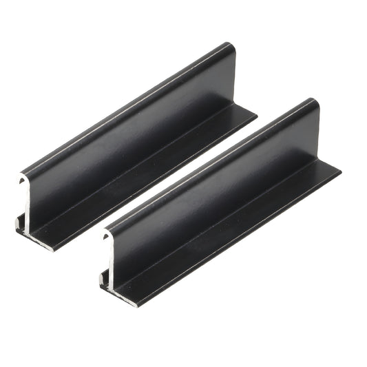 Pair of black aluminum RV mounting tracks with T-slot profile on white background.