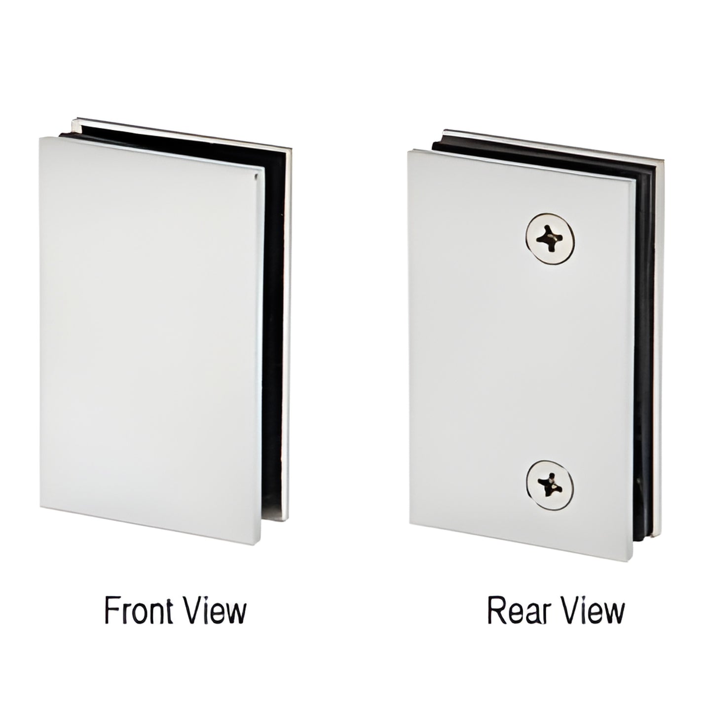 GE90SCBCH Geneva glass door lock receiver, polished chrome brass, wall-mount for 3/8-1/2" tempered glass - front/rear views