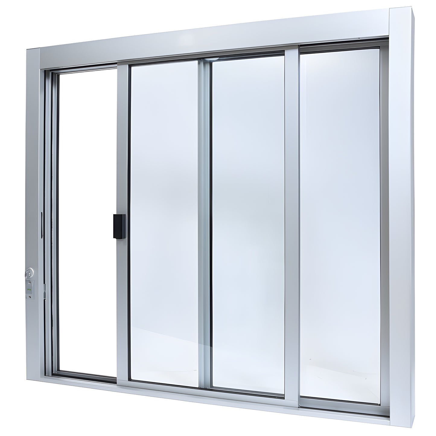 Satin anodized aluminum self-closing XO service window, 471 2" 433 4", sliding panels, thumb-turn lock, full bottom track.