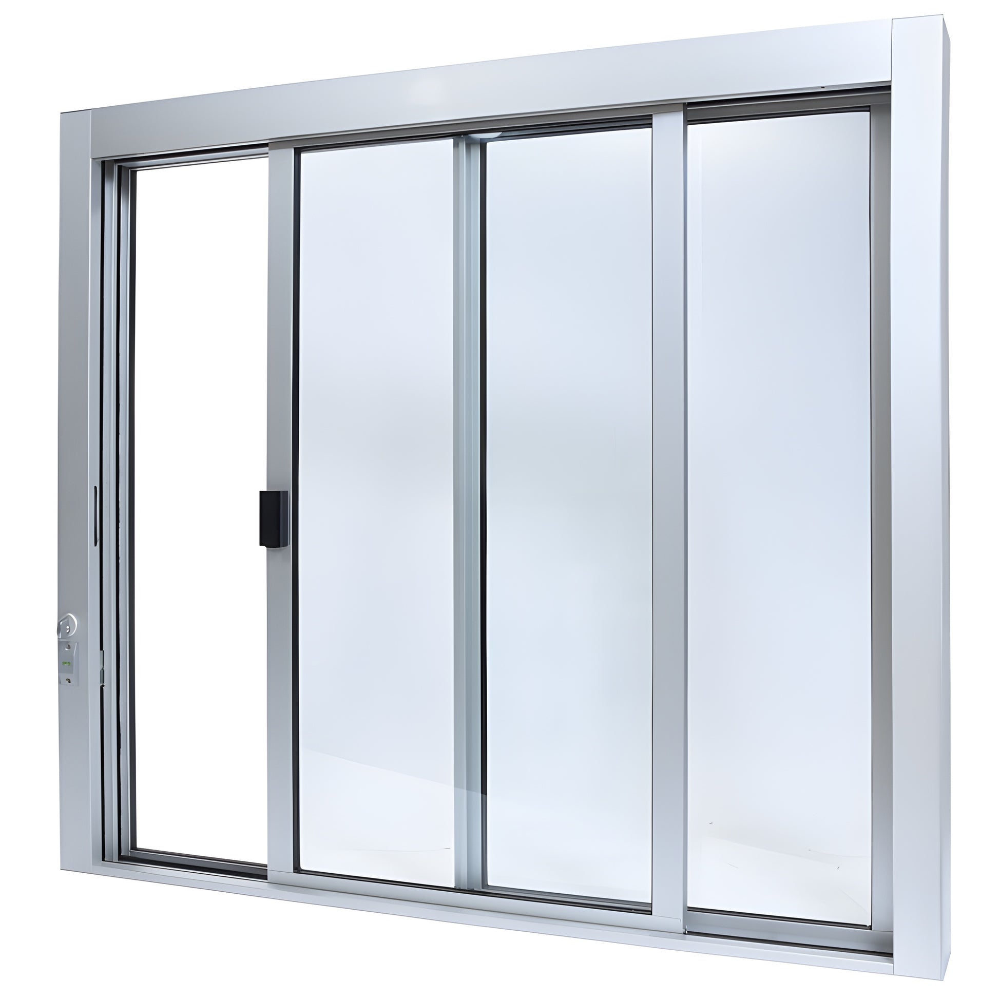 Satin anodized aluminum self-closing XO service window, 471 2" 433 4", sliding panels, thumb-turn lock, full bottom track.