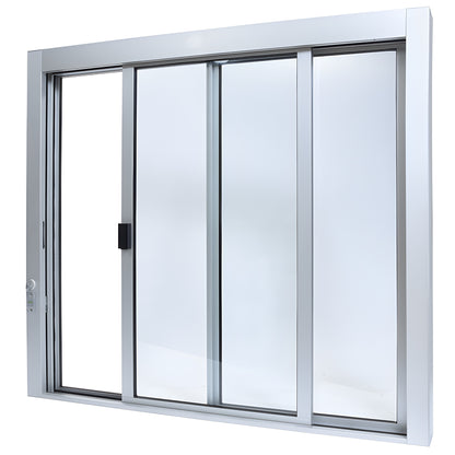 Satin anodized aluminum self-closing XO service window, 471 2" 433 4", sliding panels, thumb-turn lock, full bottom track.