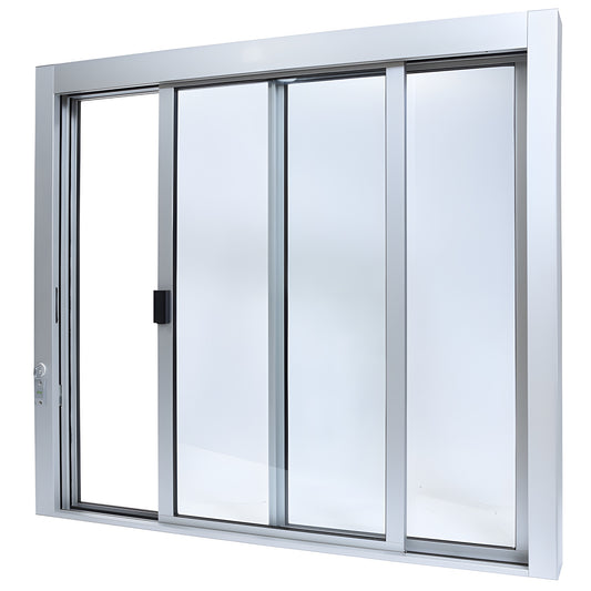 Satin anodized aluminum self-closing XO service window, 471 2" 433 4", sliding panels, thumb-turn lock, full bottom track.