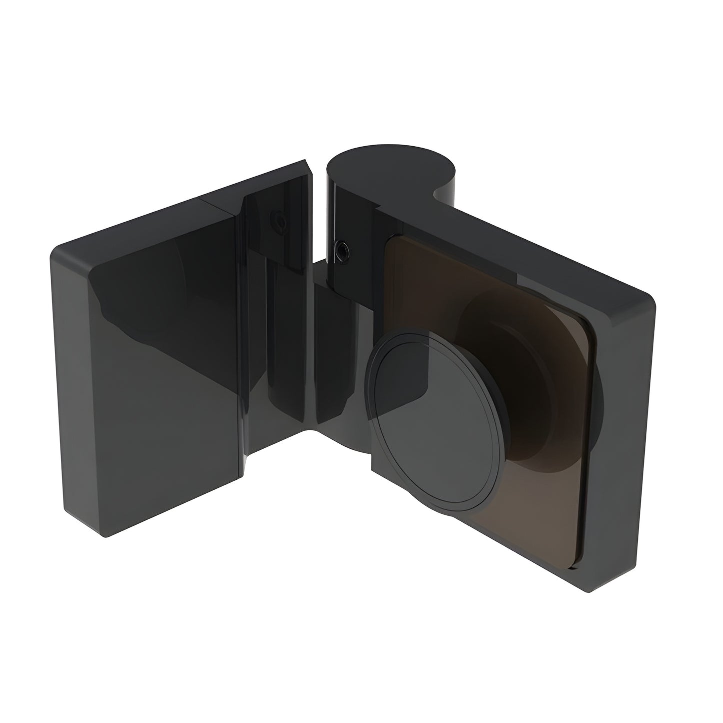 Matte black Lugano glass shower hinge (LUG044RMBL), concealed brass swing hinge for 8-10mm glass, left-hand.