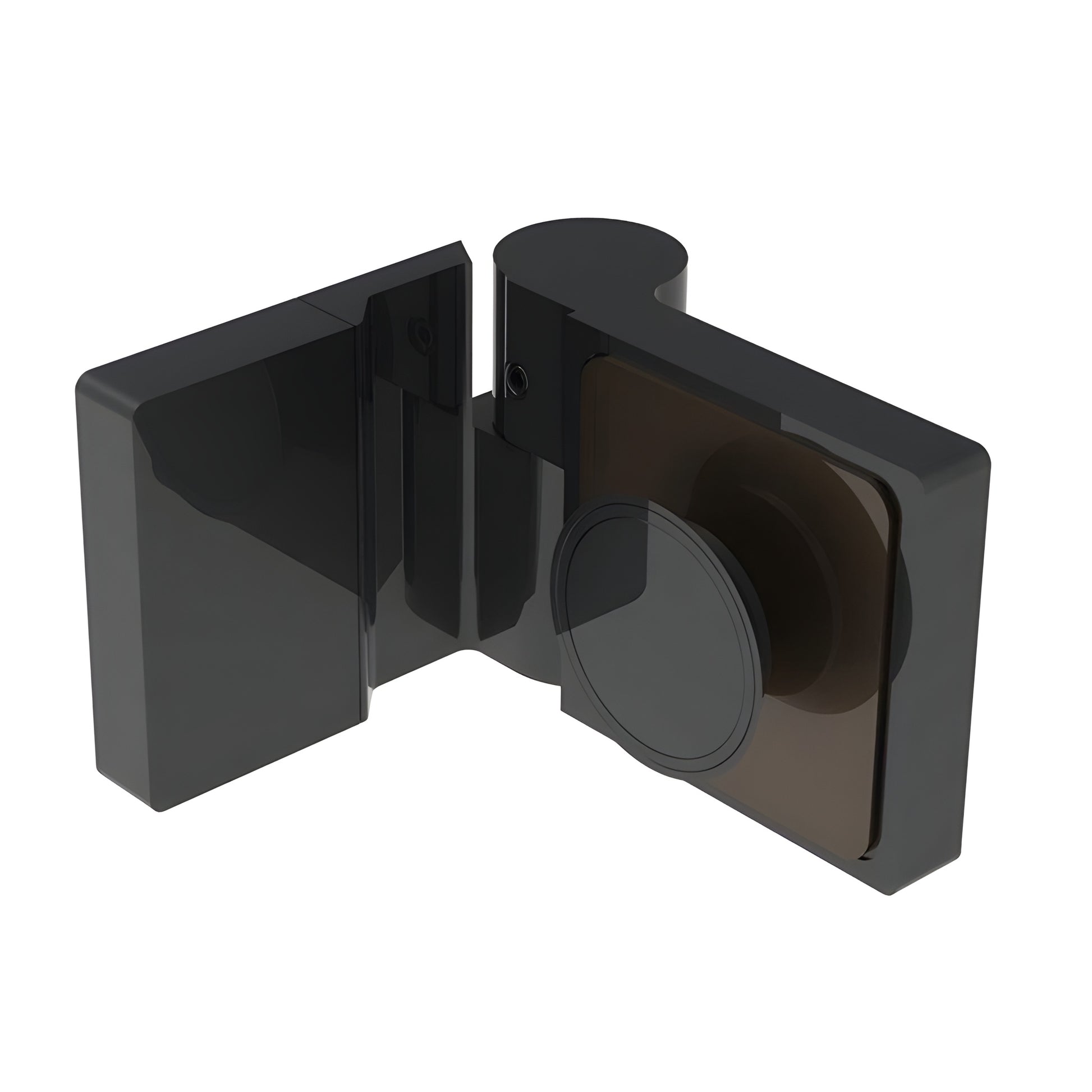 Matte black Lugano glass shower hinge (LUG044RMBL), concealed brass swing hinge for 8-10mm glass, left-hand.