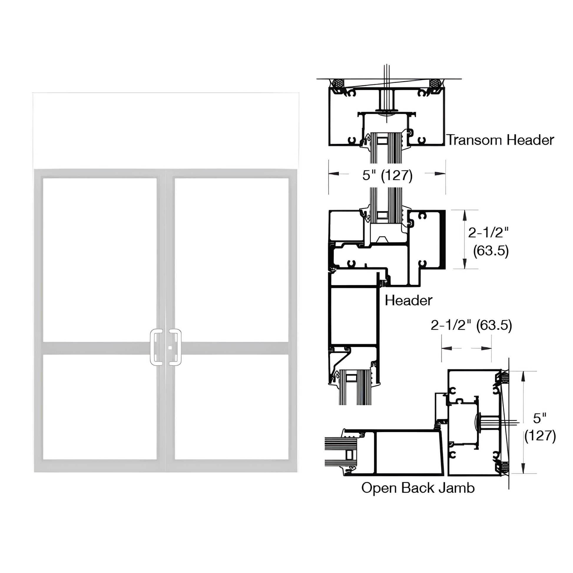 SKU 0P92552 White Kynar double transom door frame for pair of impact doors, shown with technical cross-section diagrams.