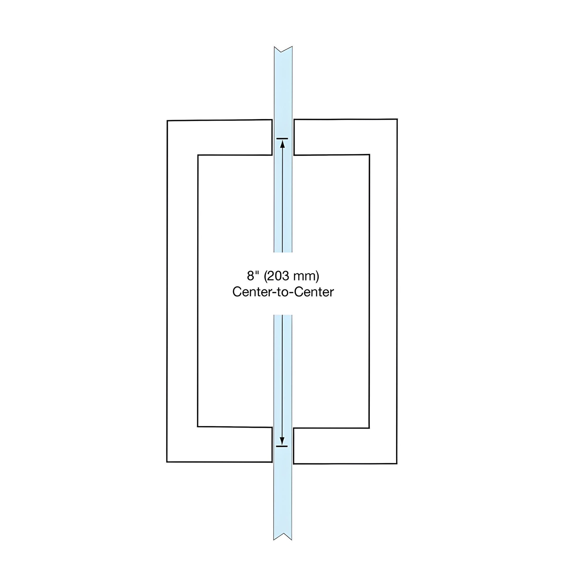 Satin brass SQ Series square-corner tubular pull handle, 8 in C-C, back-to-back glass mount SKU SQ8X8SB