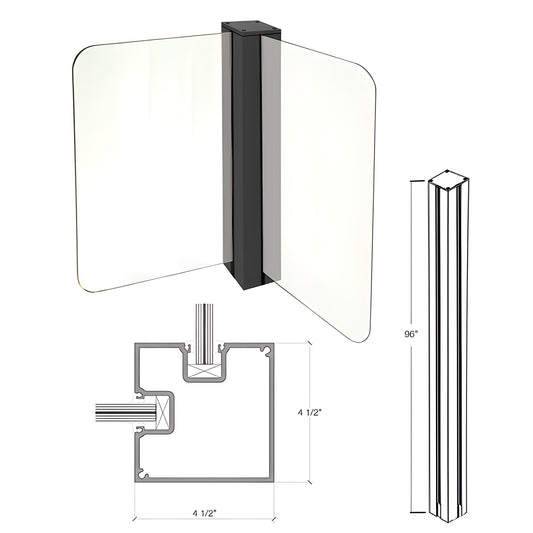 C96CRKBL matte black 96 in aluminum Cielo glass post, 4.5 in depth, slim 3-1/4 in trim for 1/2-9/16 in glass