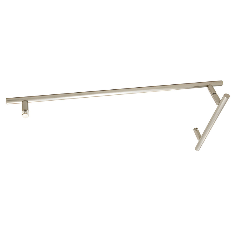 Brushed nickel ladder-style towel bar/pull for frameless glass, 24 in center, tubular 3/4" diameter.